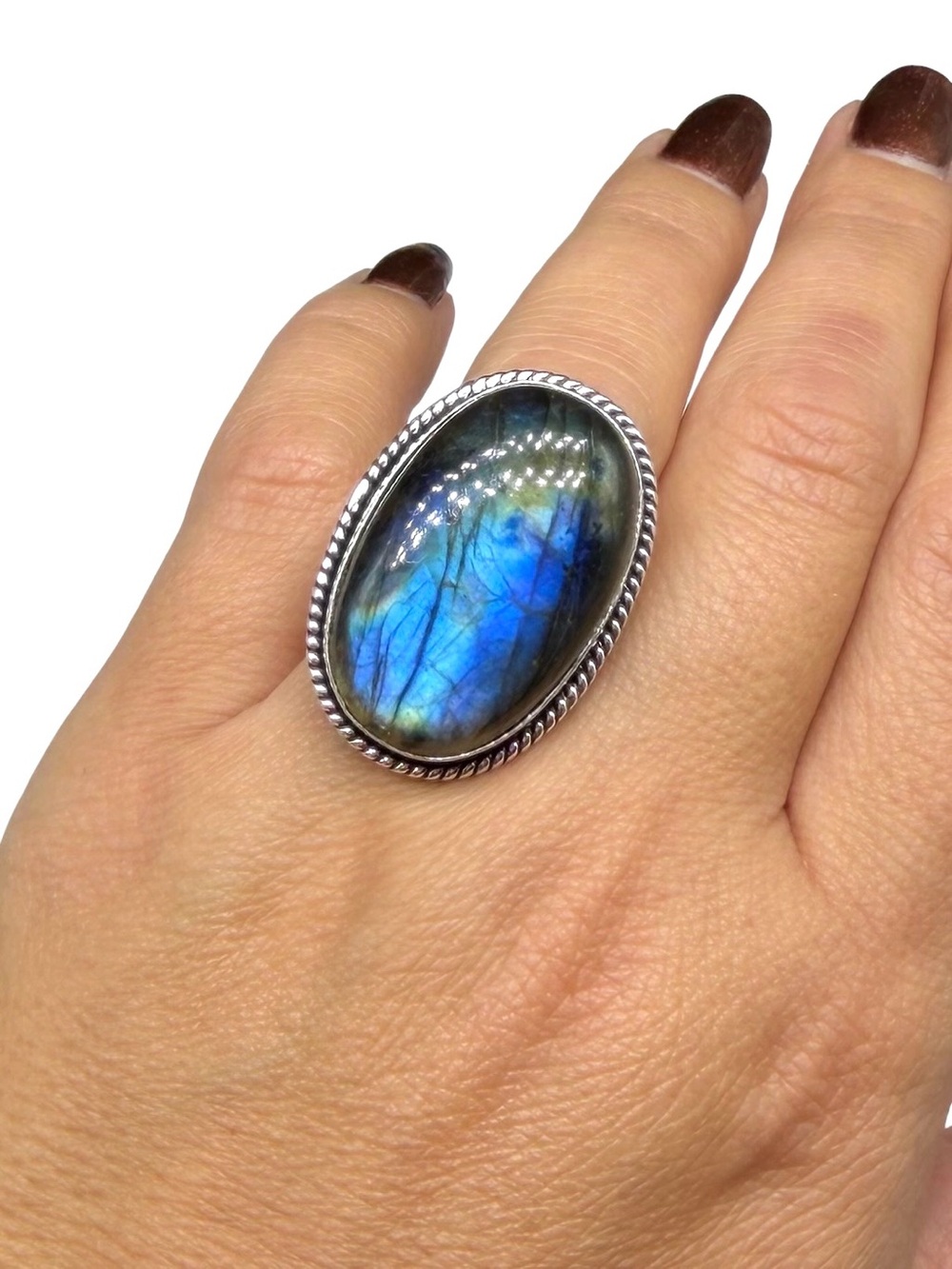 Labradorite Ring Size 10 925 Sterling Silver Overlay Oval Stone Crystal